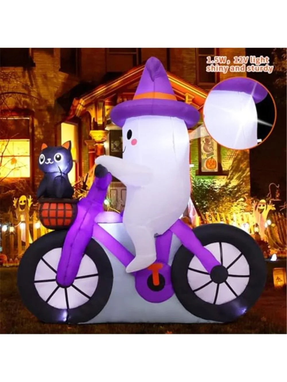 5 FT Halloween Inflatable Ghost Cycling with Cat Blow Up with Built-in LEDs